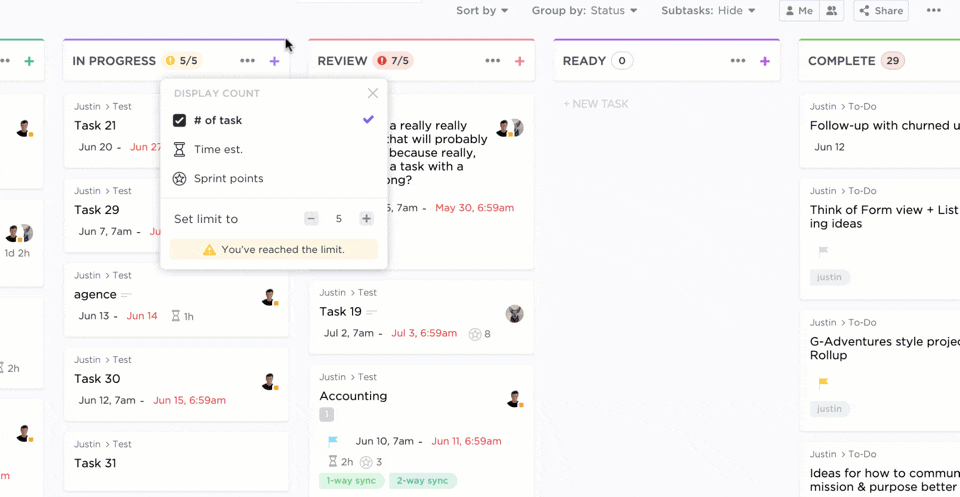 clickup scrum project list on a kanban board