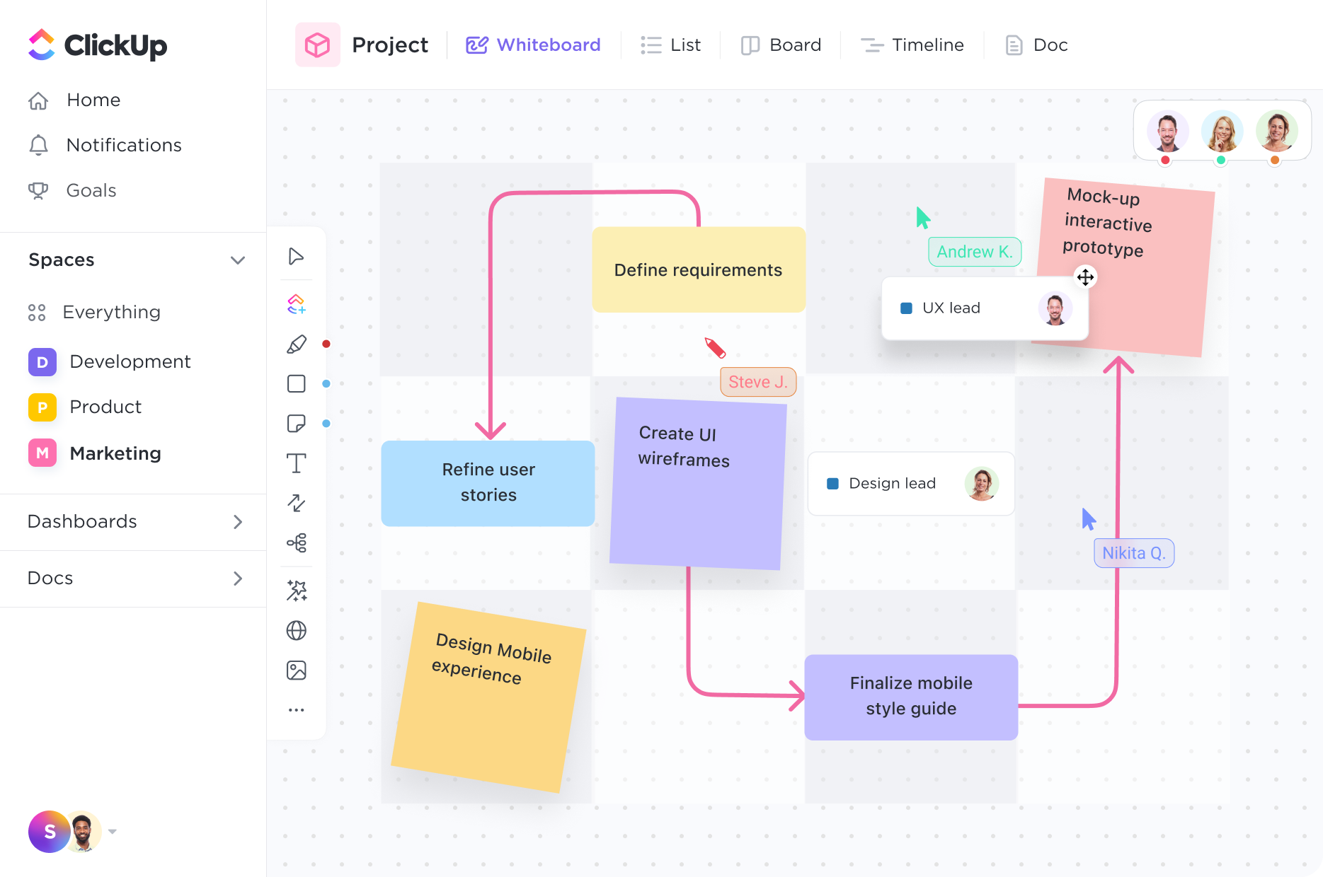 Whiteboard with design tasks